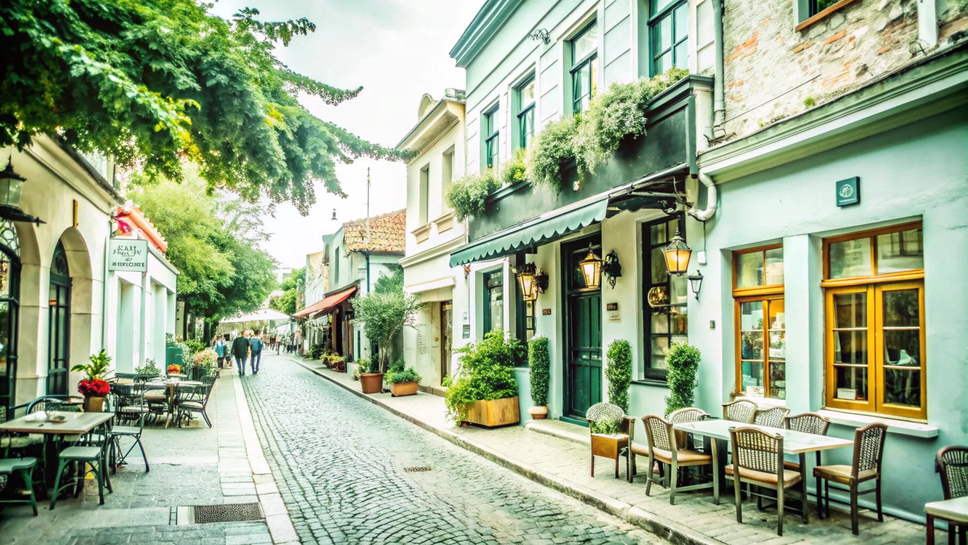 Belebte Straße in einem gehobenen Düsseldorfer Stadtviertel mit Cafés, Altbaufassaden und Boutiquen im Abendlicht