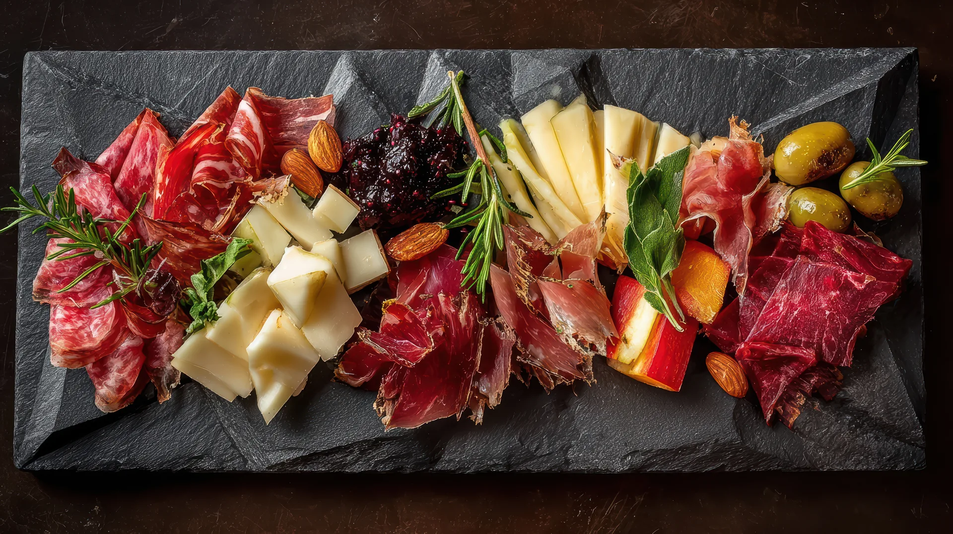 Opulent angerichtete kalte Platte mit Charcuterie, Käse, Feigen und Trauben auf einer Marmorfläche
