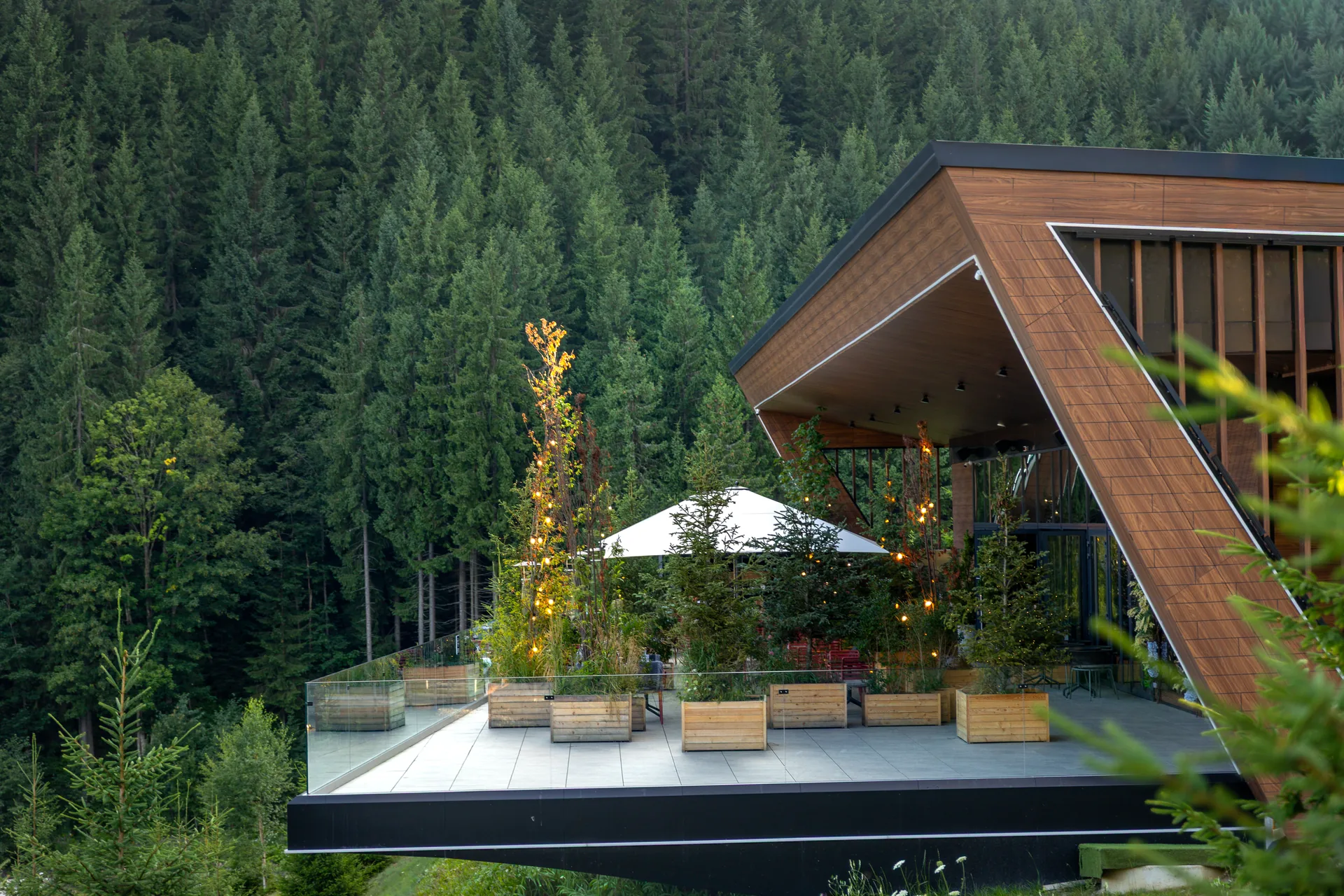 Moderne Luxusvilla mit großzügiger Glasfassade und gepflegtem Garten im warmen Abendlicht