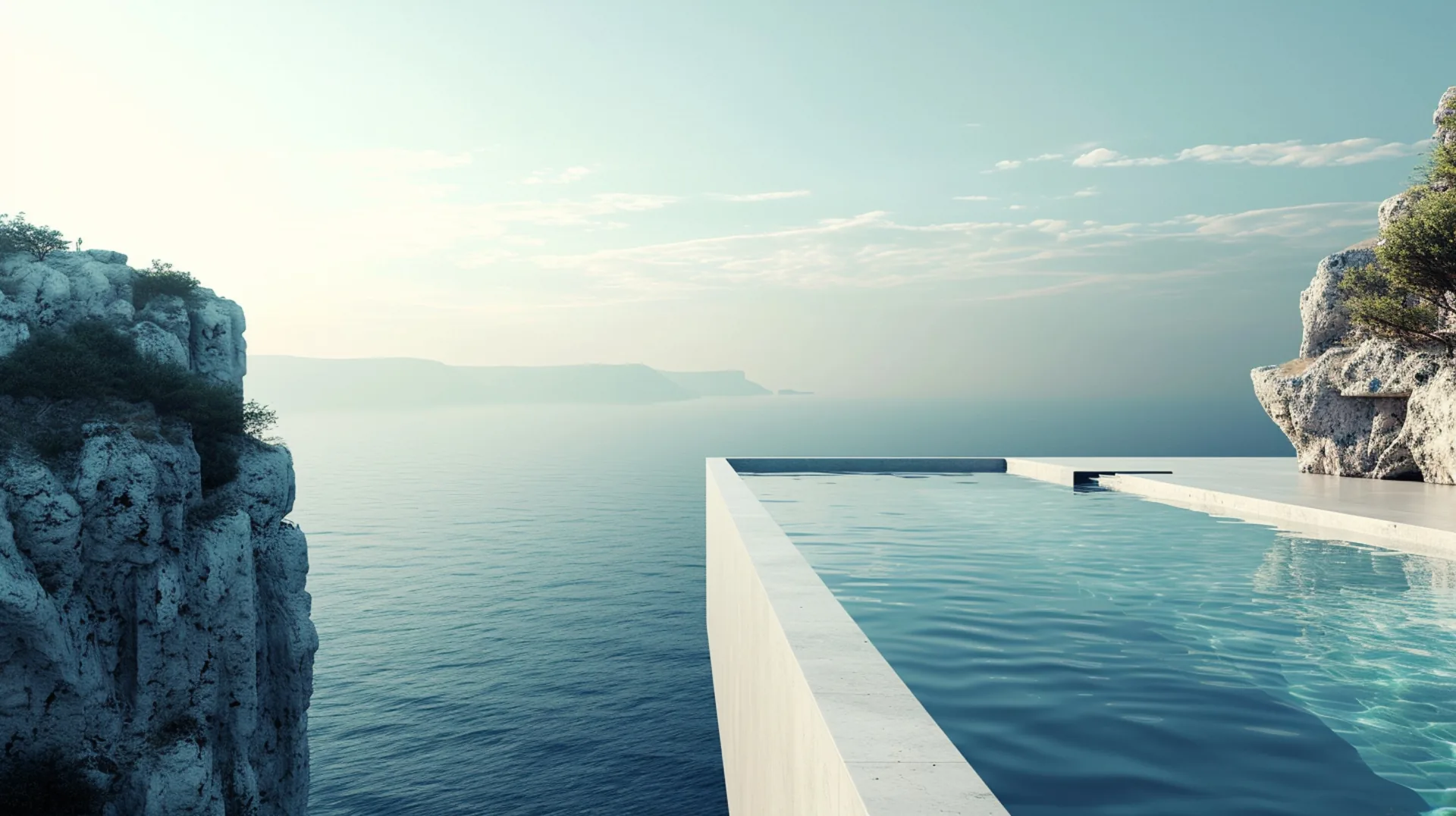 Luxuriöse Villa mit Infinity-Pool auf einer Klippe über dem Meer im goldenen Abendlicht