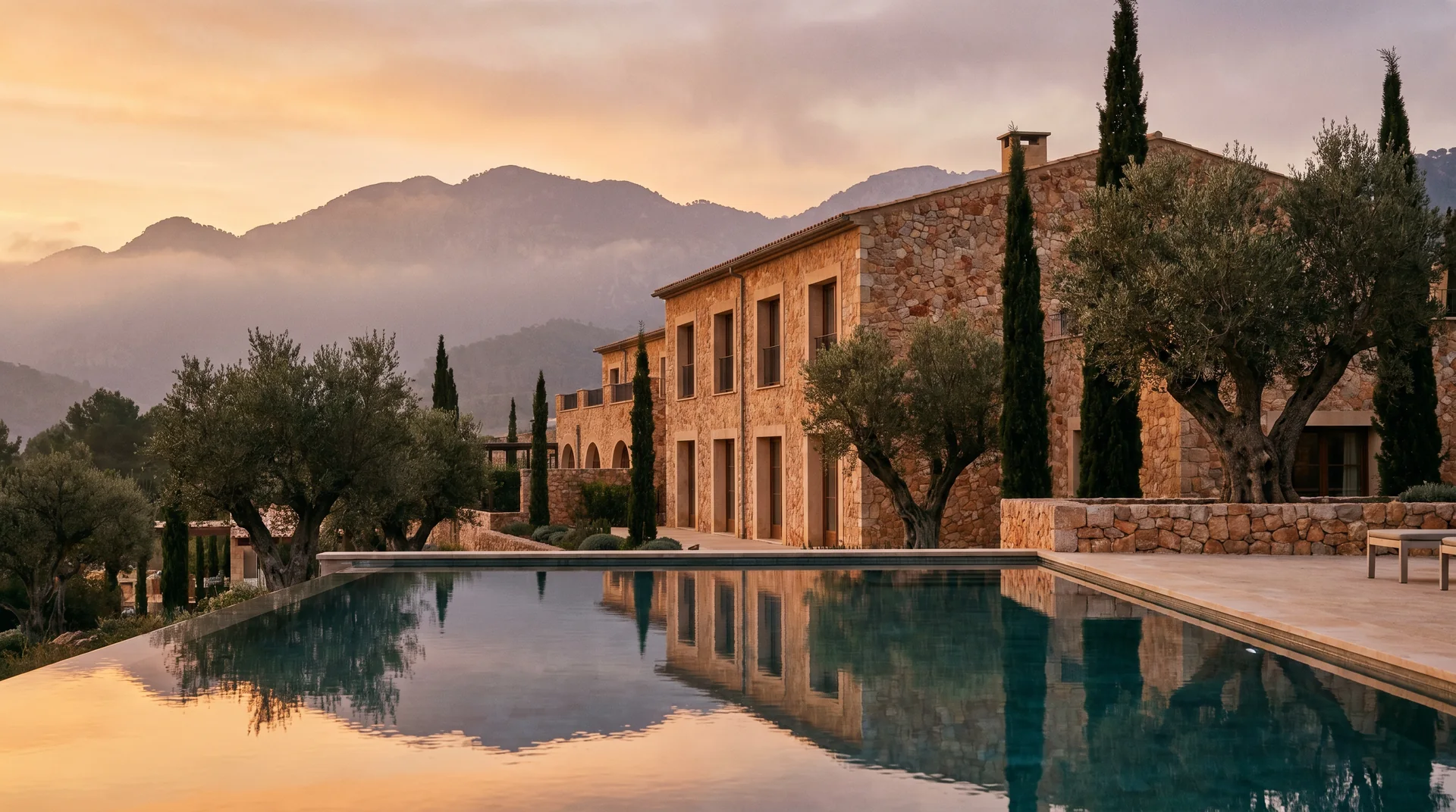Luxuriöses Herrenhaus-Hotel auf Mallorca mit Pool, Olivenbäumen und den Bergen der Serra de Tramuntana im Abendlicht