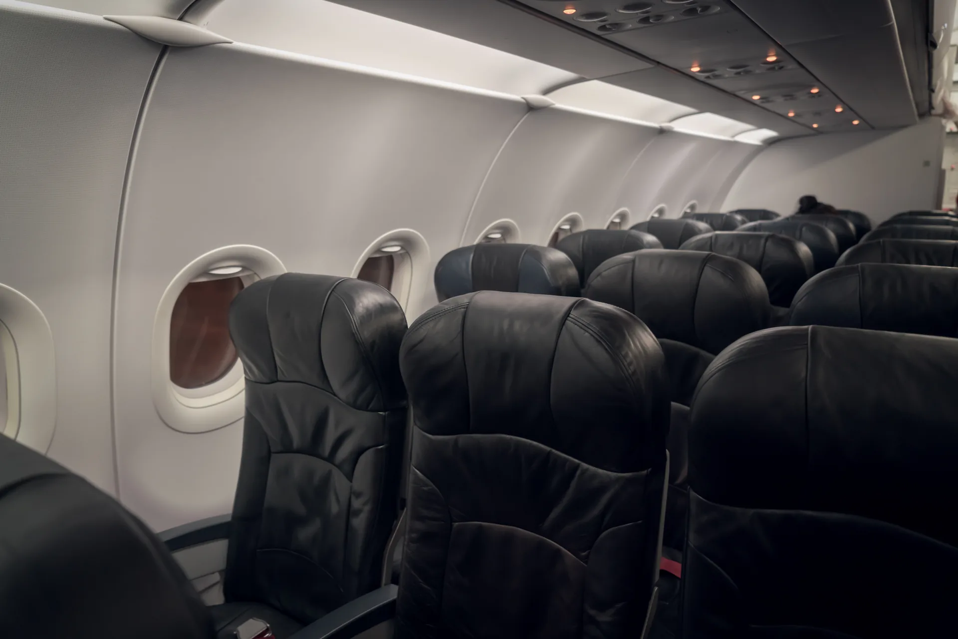 Elegante Kabine eines Privatjets mit cremefarbenen Ledersesseln und gedecktem Beistelltisch bei Tageslicht