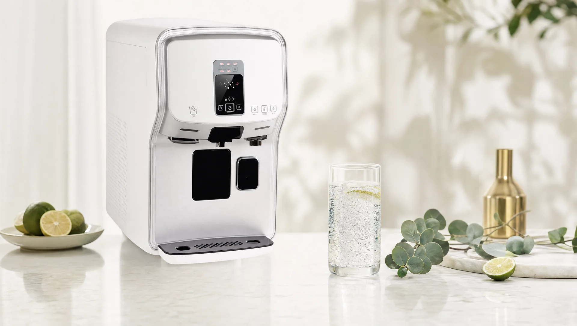 Ein klares Glas frisch prickelndes, gefiltertes Wasser auf hellem Marmor in einer minimalistischen Küche im weichen Tageslicht