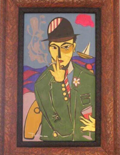 Ein Gemälde eines Mannes, der eine Zigarette raucht.