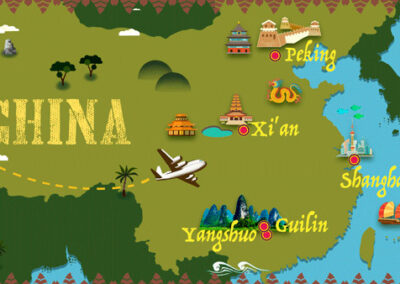 Eine Karte von China mit vielen verschiedenen Dingen darauf.